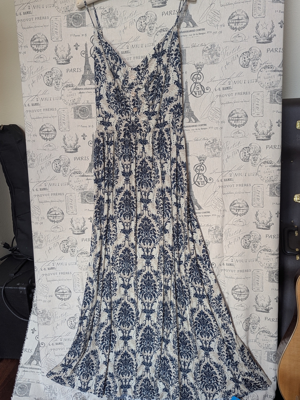Bohemian Navy and White Spaghetti-Strap Open Tie Back Printed Maxi Dress Size XL